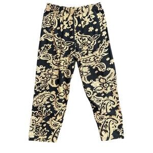 Baroque Black Gold Paisley Floral Boho High Rise Cropped Leggings Small Stretch